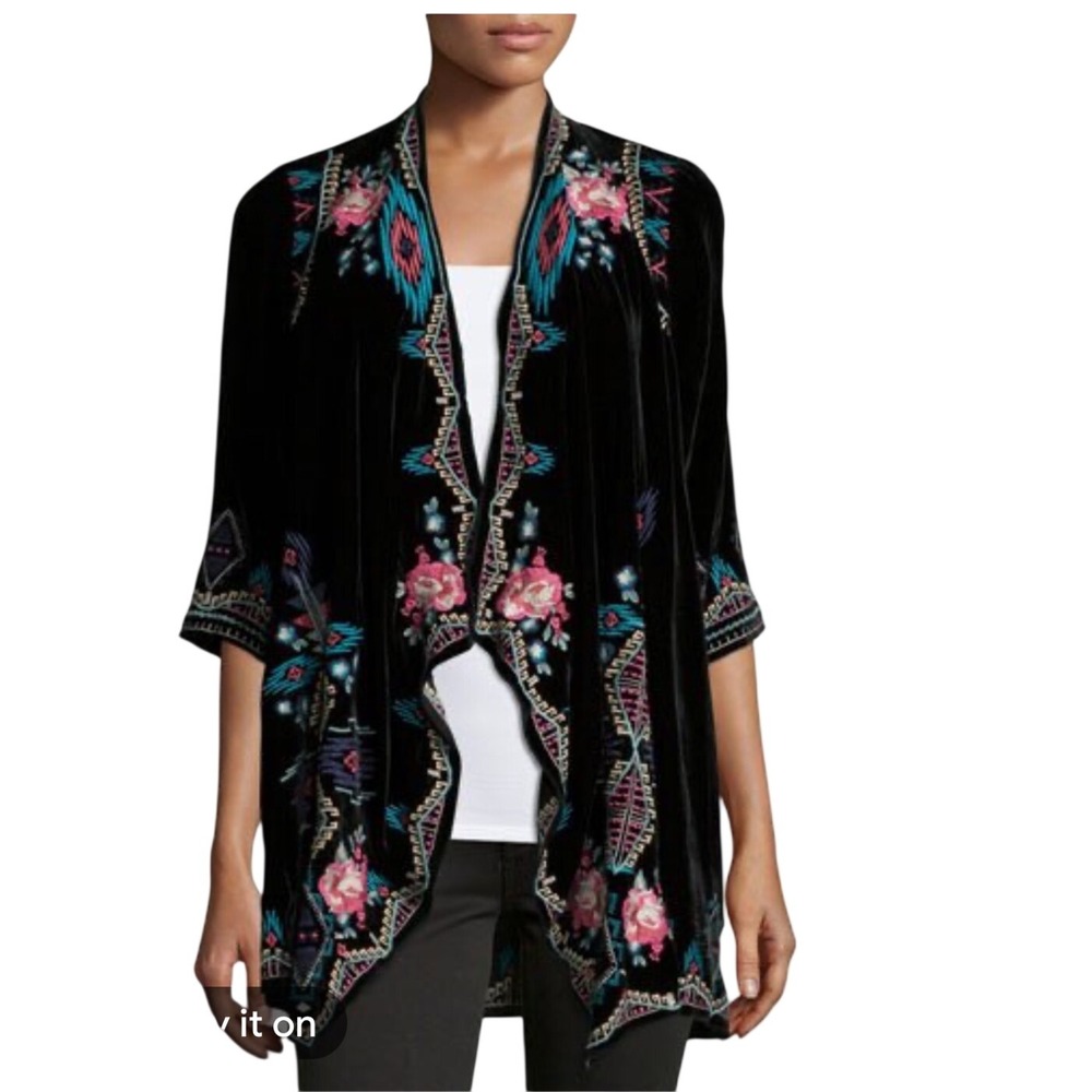 JWLA Johnny Was Black Velvet Embroidered Kimono Cardigan Floral Boho Size M